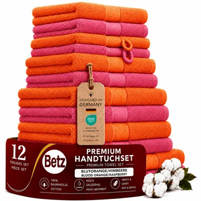 Produktbild von Betz 12-tlg. Handtuch-Set PREMIUM 2 Duschtücher 4 Handtücher 2 Gästetücher 2 Seiftücher 2 Waschhandschuhe Farbe: blutorange / himbeere, KI-generiertes Bild