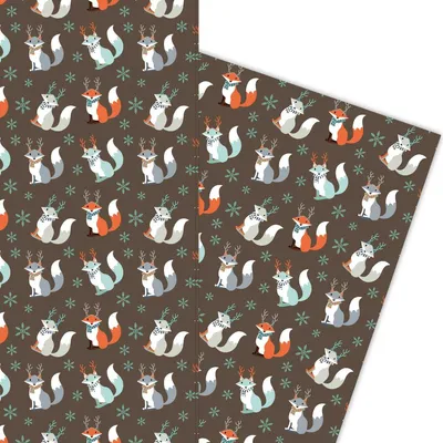Produktbild von Süßes Winter Geschenkpapier mit Weihnachts Fuchs auf braun - G5946, 32 x 48cm