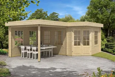 Produktbild von Alpholz 5-Eck Gartenhaus Pepe 40 mm Wandstärke mit Terrasse 442 x 302 cm + 300 cm, Pinie (Imprägniert)