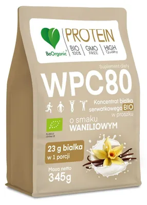BIAŁKO SERWATKOWE O SMAKU WANILIOWYM (KONCENTRAT WPC 80) BEZ DODATKU CUKRÓW BIO 345 g - BE ORGANIC