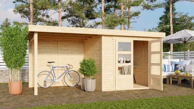 Productafbeelding van Tuinhuis Askola 5, in natuurlijke staat, geleverd als set met een uitbouw, met een breedte van 2,80 meter en een achterwand van 19 mm dik