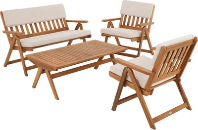 Produktbild von di volio Gartenmöbel Set Lusiano - beige, wetterfeste Garten Möbel aus Akazienholz, 1x Doppelbank, 2x Sessel, 1x Tisch & bequeme Sitzkissen