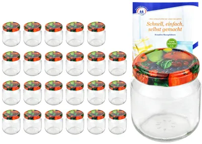 Produktbild von 24er Set Rundglas 212 ml nieder To 66 Obst Dekor Deckel Sturzgläser Einkochgläser incl. Rezeptheft