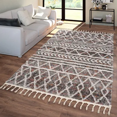 Produktbild von TT Home Wohnzimmer Schlafzimmer Teppich Hochflor Flauschig 3D Fransen Skandi Ethno Motiv Größe 120x160 cm