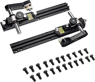 A set of woodworking tools, specifically a table saw push guide system, laid out on a white background with accompanying screws.