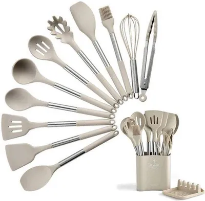 Image de Ensemble de 13 ustensiles de cuisine en silicone Unyqoos® : résistants à la chaleur, antiadhésifs, avec manches en acier inoxydable, lavables au lave-vaisselle, couleur kaki