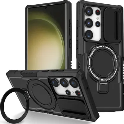 Produktbild von Handyhülle für Samsung Galaxy S23 Ultra Kompatibel mit MagSafe, Robuste Hülle mit Schiebe Kamera Schutz, Magnetischer Ringständer Schwarz