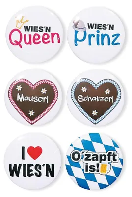 Produktbild von 6 Metall Buttons ca. 5 cm Durchmesser mit Sicherheitsnadel