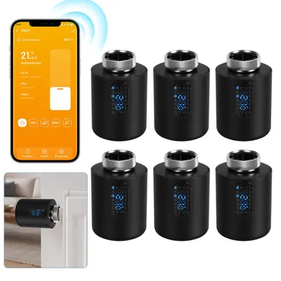 Obrázek produktu pro Chytrý termostat pro radiátory Peviasot, WiFi, ovládání přes aplikaci, kompatibilní s platformami Smart Life/Tuya, 7 adaptérů pro ventily, černý, sada 6 kusů