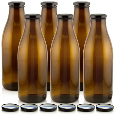 Milch Glasflaschen braun im Set mit 6 Flaschen und Ersatzdeckeln schwarz