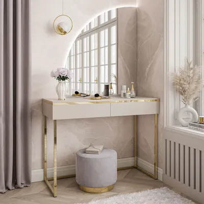 Produktbild von Schminktisch AURORA-Q GOLD auf goldenem Gestell mit Spiegel Kaschmir, Version: Linke