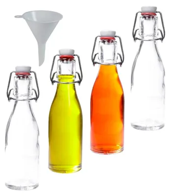 Produktbild von 4 Glasflaschen mit Bügelverschluss 200 ml zum befüllen inkl. einem Einfülltrichter