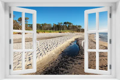 Produktbild von Wallario selbstklebendes Poster mit Fenster-Illusion - Einsamer Strand am Meer - Blauer Himmel, Größe: 100 x 150 cm