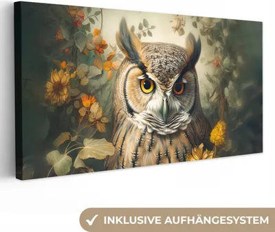 Zdjęcie produktu dla MuchoWow® - Obraz na płótnie - Sowa - Ptaki - Kwiaty - Natura, fototapeta, dekoracja ścienna, obrazy do salonu, 40x20cm