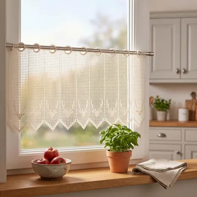 Produktbild von Scheibengardine Meterware Macramee Hirsch Landhaus Häkeloptik natur 27cm Höhe champagner matt