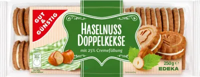 Produktbild von Gut & Günstig Haselnuss Doppelkekse Haselnuss-Gebäck mit Cremefüllung 6er Pack (6x250g Packung) + usy Block