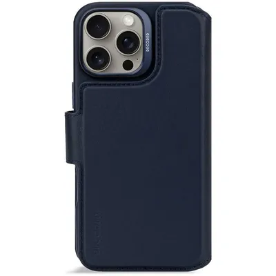 A dark blue iPhone case with a folio cover and card holder.