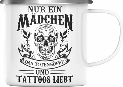 Produktbild von Trendation - Tattoos Frauen Emaille Tasse Tätowiererin Geschenk Emaille Emaille Tasse Tattoo Totenkopf Emaille Tassen (Silber)