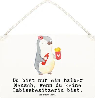 Produktbild von Mr. & Mrs. Panda Schild Imbissbesitzerin Herz DIN A6 - Weiß - Geschenk, Holzschild, Türschild, Spruch, Pommesliebe, holzbild, Imibissverkäuferin, Lustig, Witzig