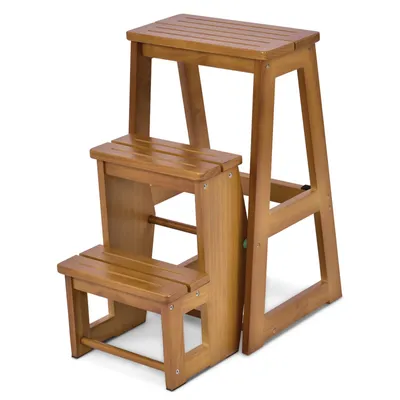 A wooden step stool with three steps against a white background.