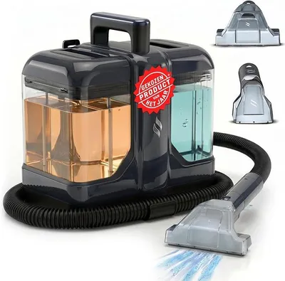 Image de PowerClean V2 : Nettoyeur de tissus portable – Idéal pour les canapés, les tapis, les matelas et les sièges de voiture. Fonction pulvérisation et aspiration, système à 2 réservoirs (eau propre/eau sale), 2 buses, câble de 5 mètres