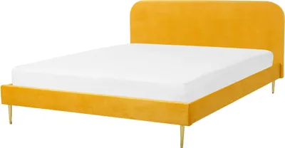 Produktbild von BELIANI Bett Gelb Samtstoff mit Lattenrost 180 x 200 cm Metallfüße Gold hohes Kopfteil Retro Glamourös Polsterbett Doppelbett Schlafzimmer