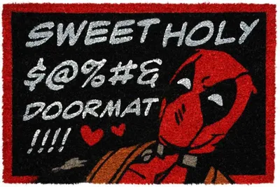 A doormat with Deadpool's face and text.