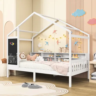 Obrázek produktu pro Dětská postel Fortuna Lai Postel do domečku 90 x 200 cm, dřevěná postel s deskou a poličkou, masivní dřevo s ochranou proti vypadnutí a lamelovým roštem, bílá (bez matrace)