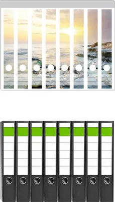 Produktbild von Wallario 8 Stück schmale Ordner inkl. Klebeetiketten mit Motive Sonnenuntergang über dem Meer -  Set mit Rückenschildern / Ordnerrücken Stickern