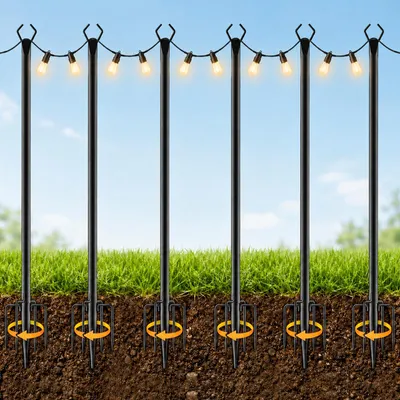 6er-Set Lichtkettenständer 3 m, Metall, für Außen, Terrasse, Garten