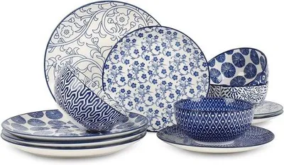 Image de Service d'assiettes en céramique - 12 pièces - bleu vintage - lavable au lave-vaisselle