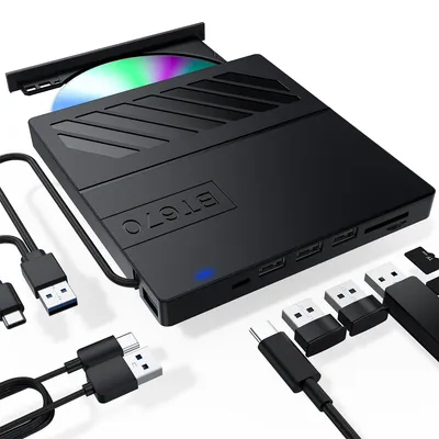 Produktbild von Externes CD/DVD-Laufwerk, 7-in-1 USB Ultra Slim tragbarer Brenner, Slot-Loading-Typ, kompatibel mit Laptop, PC, MacBook, Windows und Linux.