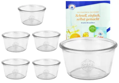 Produktbild von 6er Set Weck Sturzgläser 290ml nieder, 1/5L Gläser inkl. Gelierzauber Rezeptheft von Diamantzucker