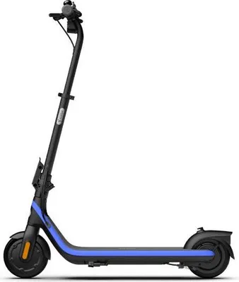 A black electric scooter with blue accents on a white background.