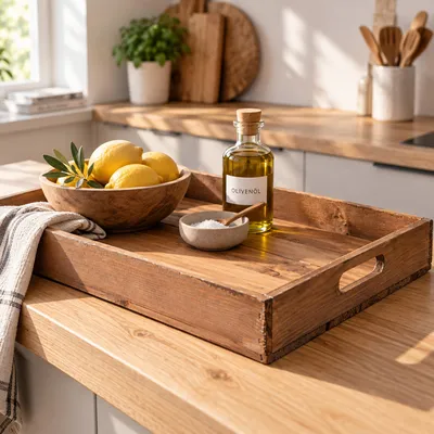 Produktbild von Serviertablett in braun 60x40x8cm Holztablett Frühstückstablet Bartablett, KI-generiertes Bild