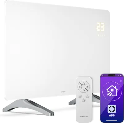 Image de Klarstein Radiateur Infrarouge 480W – Panneau Chauffant Verre, Murale/Autonome, WiFi, Télécommande, Thermostat, Sécurité Enfant, IP43, Chauffage Infrarouge 9m², Blanc