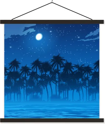 Produktbild von MuchoWow® Textilposter Palme - Strand - Mond 120x120 cm mit schwarzem Rahmen - Aufhängungsset