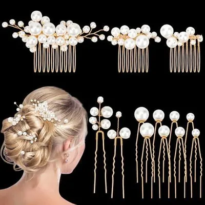 Produktbild von 13-teiliges Haaraccessoire-Set für Hochzeiten mit Perlen, goldenen U-förmigen Haarnadeln und Haarspangen für Frauen und Mädchen
