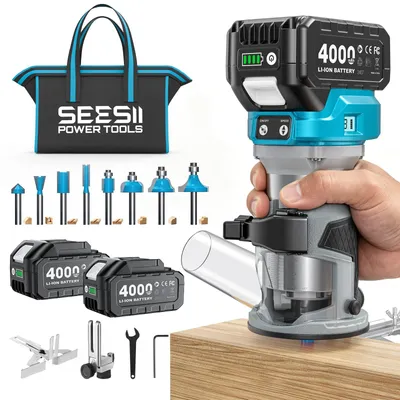 Akku-Oberfräse, kompakt, 21 V, 800 W, 2 Akkus, 4000 mAh