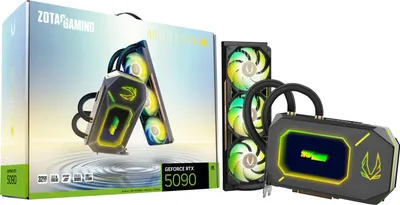 A product box and components of a ZOTAC GeForce RTX 5090 ARCTICSTORM AIO graphics card.