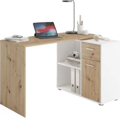 Image de Bureau d'angle, 83x74x117 cm, Mélaminé chêne et blanc, Avec rangement, Réversible