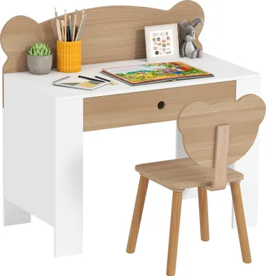 Image de AIYAPLAY Set de bureau pour enfants avec plateau & tiroir Bureau et chaise pour enfants en forme d'ours Bureau d'écolier Bureau d'adolescent pour garçons & filles Bois naturel