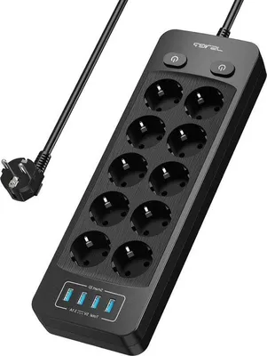 Obrázok produktu pre 10-násobná zásuvková lišta so 4 USB portmi, čierna, s 2 m káblom