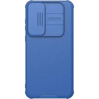 A blue phone case with a textured surface and a camera cover.