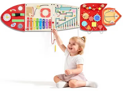 Imagen del producto de VEVOR Tablero de actividades Montessori, 13 en 1, panel sensorial de desarrollo motor con forma de cohete, juguete educativo para el desarrollo temprano, ideal para guarderías y hogares, fabricado con paneles de MDF, con xilófono, reloj, engranajes y elementos educativos