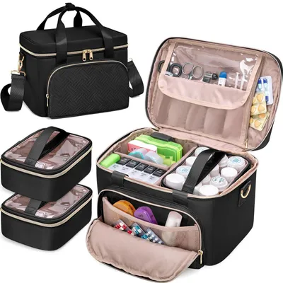 Immagine prodotto di Borsa medica con 2 scomparti per farmaci, colore nero, 12,2 x 8,7 x 8,5 pollici, realizzata in nylon