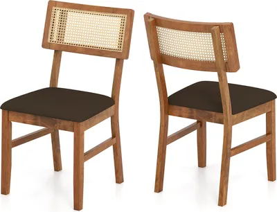 Image de COSTWAY Chaises de salle à manger en rotin, lot de 2, chaises de cuisine en bois, chaises de table à manger avec assise rembourrée, chaises en bois pouvant supporter jusqu'à 180 kg, pour la cuisine, la salle à manger