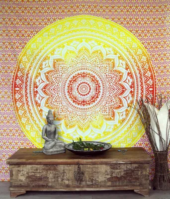 Produktbild von Boho Style Wandbehang, Indische Tagesdecke Mandala Druck - Orange/gelb, Baumwolle, 230*210*0,2 cm, Bettüberwurf, Sofa Überwurf