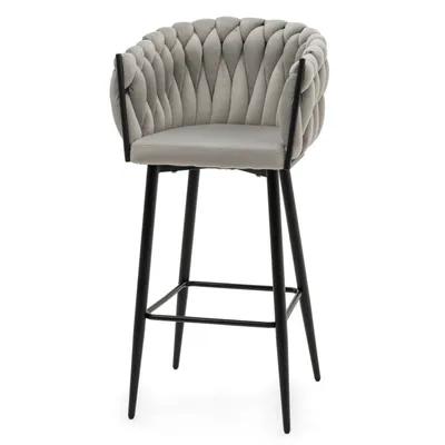 A light gray bar stool with a braided backrest and black legs is shown against a white background.