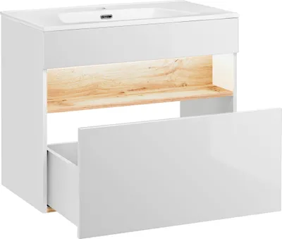Produktbild von Waschtischunterschrank mit Keramik-Waschtisch inkl LED BERMUDA-56 in Weiß-Hochglanz mit Wotaneiche B/H/T x 79/67/45cm